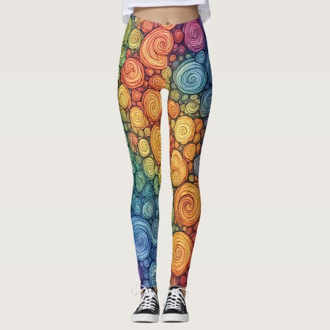 Colourful Abstract Doodle Swirl Pattern Leggings (Front)