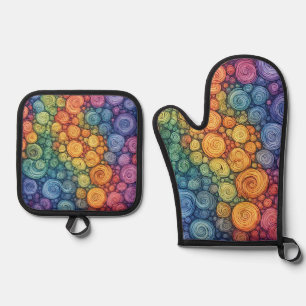 Colourful Abstract Doodle Swirl Pattern Oven Mitt & Pot Holder Set