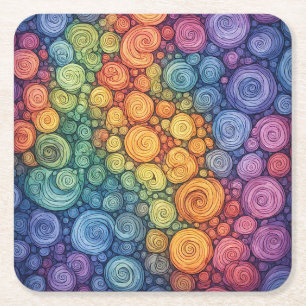 Colourful Abstract Doodle Swirl Pattern Square Paper Coaster