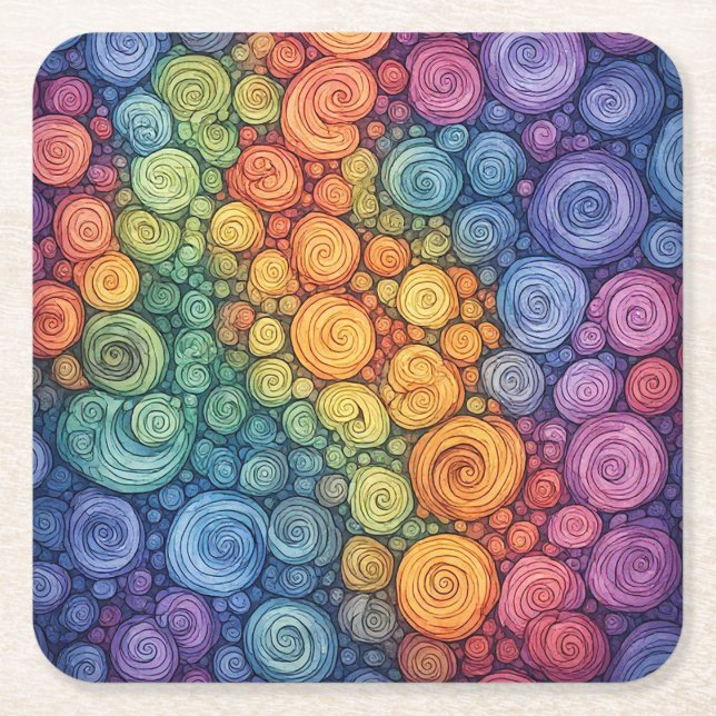 Colourful Abstract Doodle Swirl Pattern Square Paper Coaster (Front)