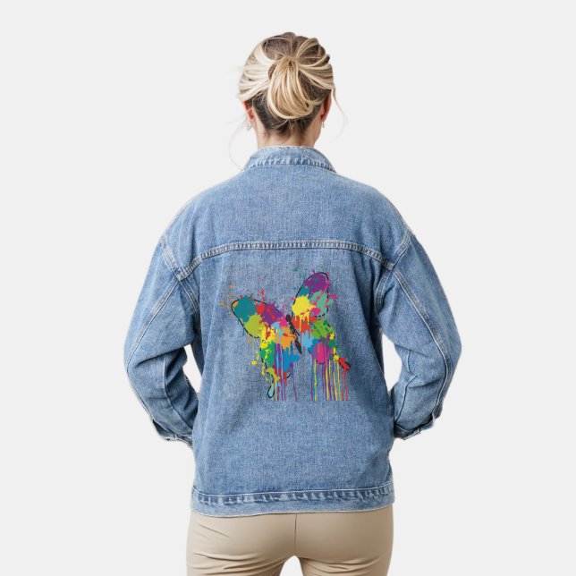 Colourful Abstract Drip-Paint Butterfly Denim Jacket (Model)