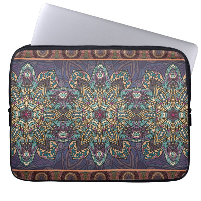 Colourful abstract ethnic floral mandala pattern laptop sleeve (Front)
