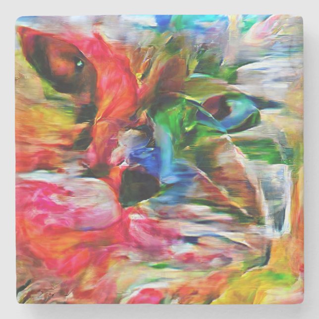 Colourful Abstract Expressionist Cat Art Print" Stone Coaster (Front)