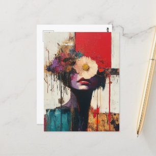 Colourful Abstract Face and Flowers Postcard