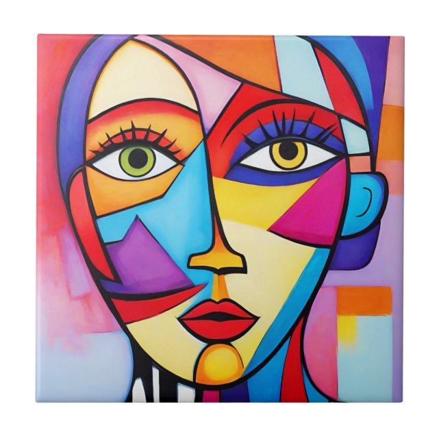 Colourful Abstract Face Cubism  Ceramic Tile (Front)