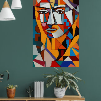 Colourful Abstract Face Cubism Red Purple Blue Coo Poster