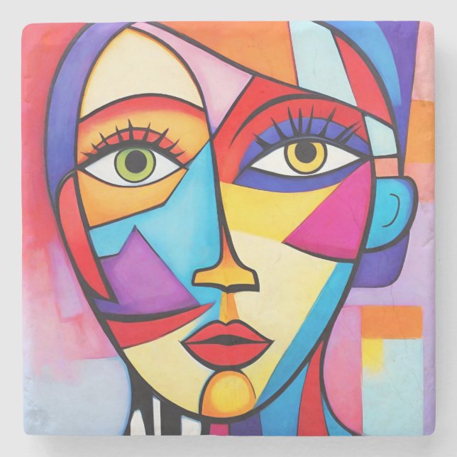 Colourful Abstract Face Cubism  Stone Coaster (Front)