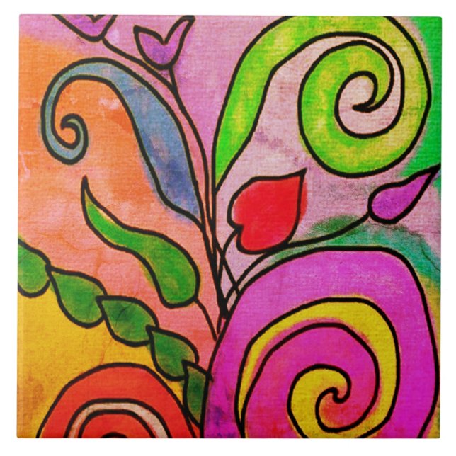 Colourful Abstract Floral Digital Painting Ceramic Tile (Front)