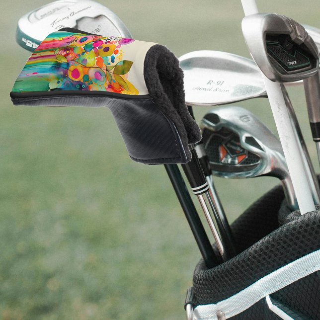Colourful Abstract Floral Golf Head Cover (Protect your clubs from the elements with this pretty gold club cover.)
