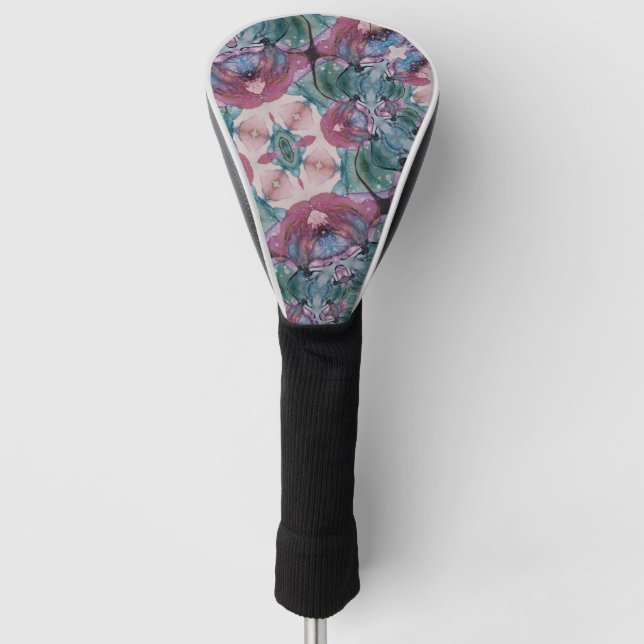 colourful abstract Floral painted pink, green Golf Head Cover (Front)