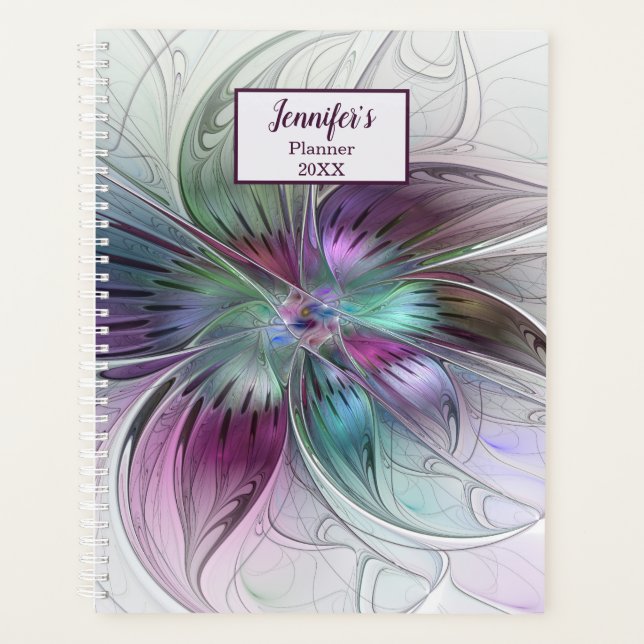 Colourful Abstract Flower Floral Fractal Art Name Planner (Front)