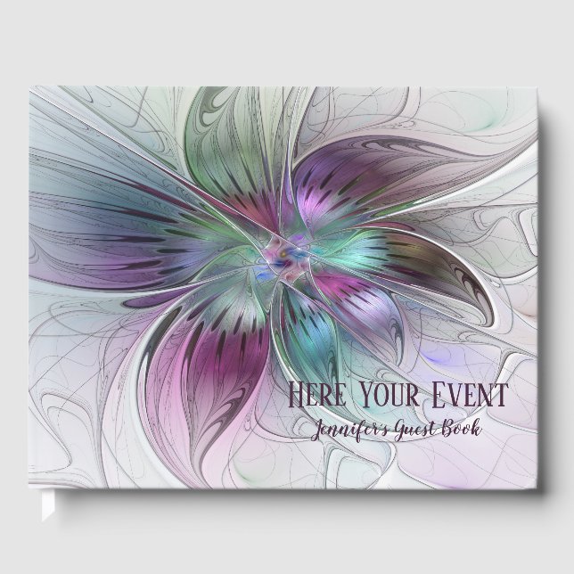 Colourful Abstract Flower Floral Fractal Art Text Guest Book (Front)