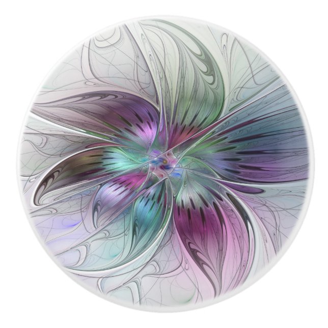 Colourful Abstract Flower Modern Floral Fractal Ar Ceramic Knob (Front)