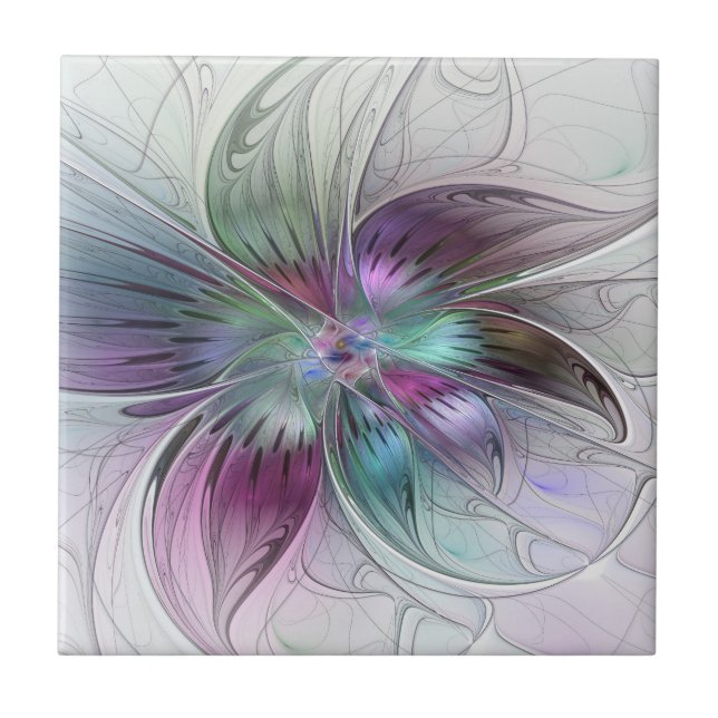 Colourful Abstract Flower Modern Floral Fractal Ar Ceramic Tile (Front)