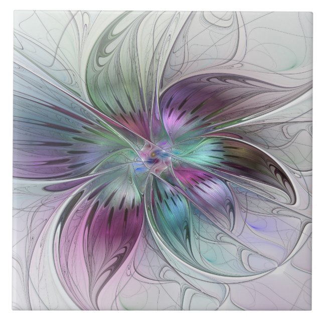 Colourful Abstract Flower Modern Floral Fractal Ar Ceramic Tile (Front)