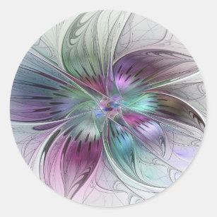 Colourful Abstract Flower Modern Floral Fractal Ar Classic Round Sticker