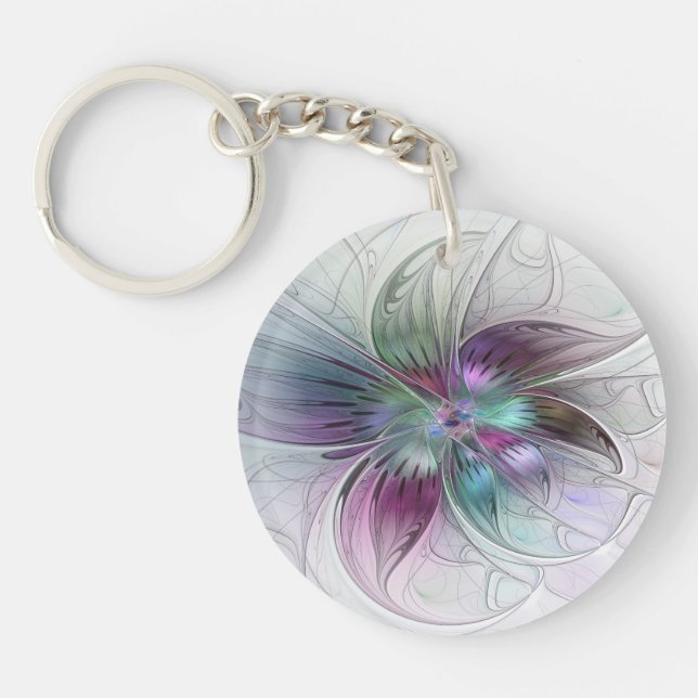 Colourful Abstract Flower Modern Floral Fractal Ar Key Ring (Front)