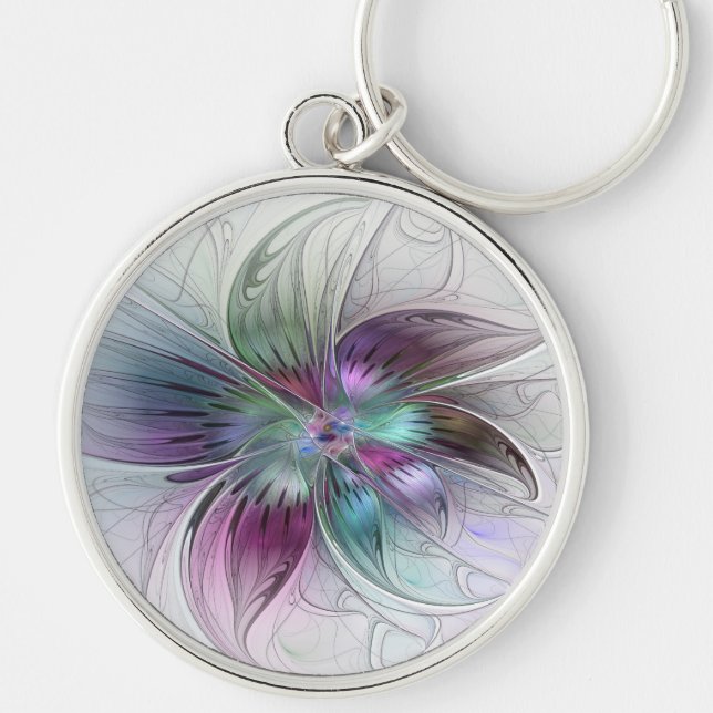 Colourful Abstract Flower Modern Floral Fractal Ar Key Ring (Front)
