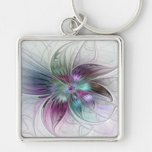 Colourful Abstract Flower Modern Floral Fractal Ar Key Ring