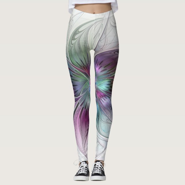 Colourful Abstract Flower Modern Floral Fractal Ar Leggings (Front)