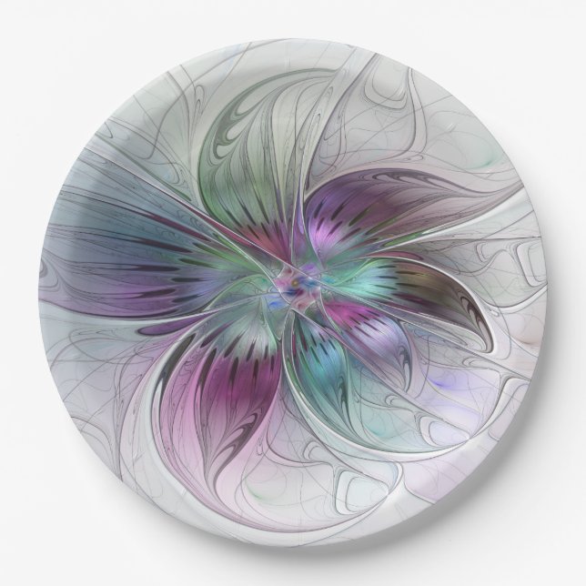 Colourful Abstract Flower Modern Floral Fractal Ar Paper Plate (Front)