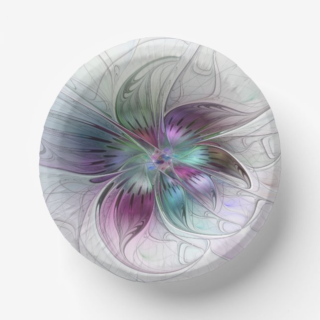 Colourful Abstract Flower Modern Floral Fractal Ar Paper Plate (Front)