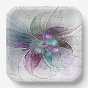 Colourful Abstract Flower Modern Floral Fractal Ar Paper Plate