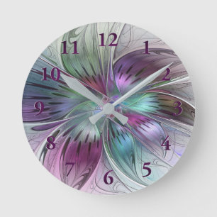 Colourful Abstract Flower Modern Floral Fractal Ar Round Clock