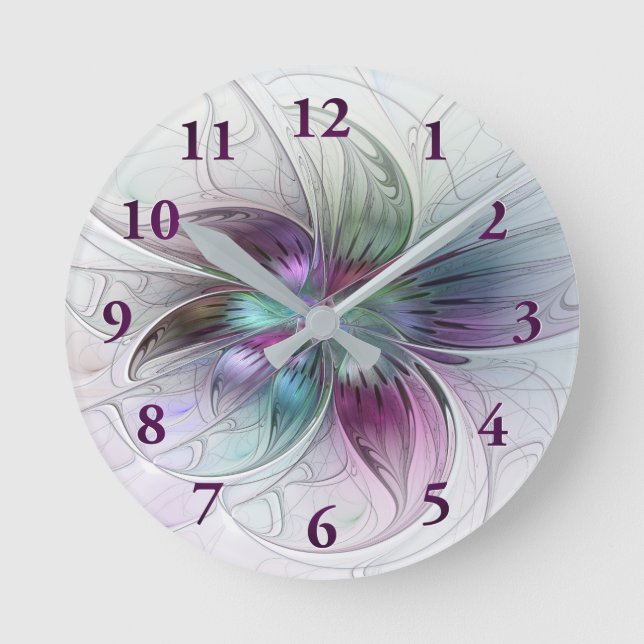 Colourful Abstract Flower Modern Floral Fractal Ar Round Clock (Front)