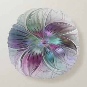 Colourful Abstract Flower Modern Floral Fractal Ar Round Cushion