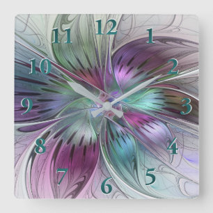 Colourful Abstract Flower Modern Floral Fractal Ar Square Wall Clock