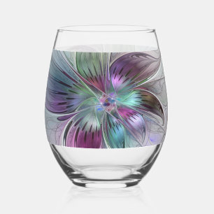 Colourful Abstract Flower Modern Floral Fractal Ar Stemless Wine Glass