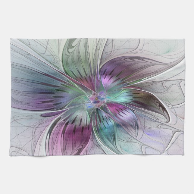 Colourful Abstract Flower Modern Floral Fractal Ar Tea Towel (Horizontal)