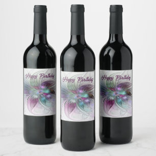Colourful Abstract Flower Modern Floral Fractal Ar Wine Label