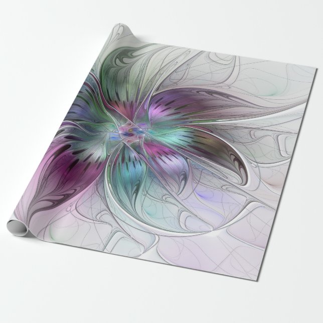 Colourful Abstract Flower Modern Floral Fractal Ar Wrapping Paper (Unrolled)