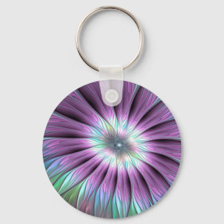 Colourful Abstract Flower Pink Blue Green Fractal Key Ring