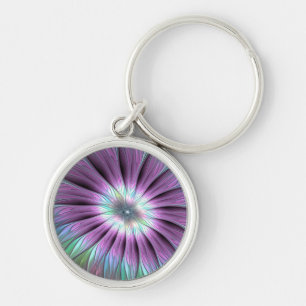 Colourful Abstract Flower Pink Blue Green Fractal Key Ring