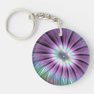 Colourful Abstract Flower Pink Blue Green Fractal Key Ring