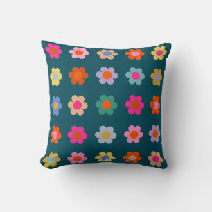 Colourful Abstract Flowers Navy Blue Retro Floral Cushion