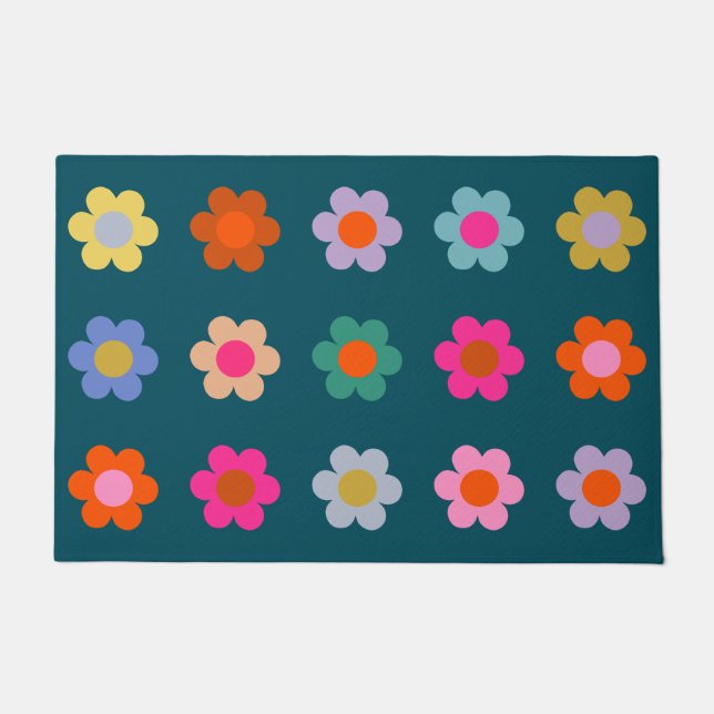 Colourful Abstract Flowers Navy Blue Retro Floral  Doormat (Front)