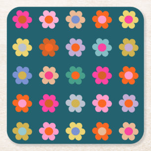 Colourful Abstract Flowers Navy Blue Retro Floral Square Paper Coaster