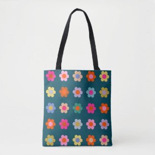 Colourful Abstract Flowers Navy Blue Retro Floral  Tote Bag