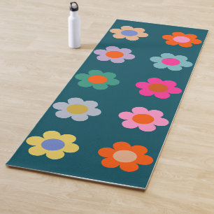 Colourful Abstract Flowers Navy Blue Retro Floral Yoga Mat