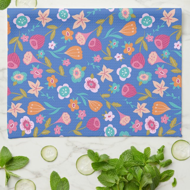 colourful abstract flowers pattern tea towel (Folded)