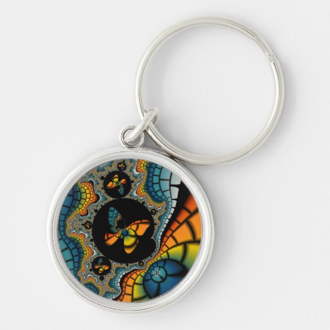 colourful abstract Fractal Butterfly Cacoon Key Ring (Front)