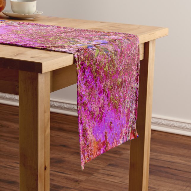 Colourful Abstract Garden with Purple Sunset Short Table Runner (In Situ)