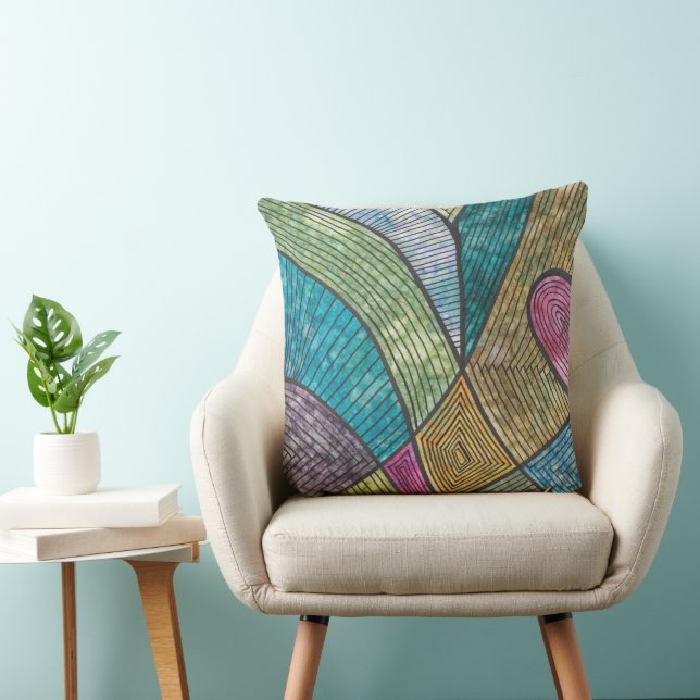 Colourful Abstract Geometric Pattern Curved Lines Cushion (Chair)