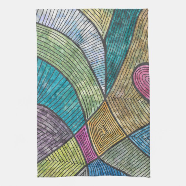Colourful Abstract Geometric Pattern Curved Lines Tea Towel (Vertical)