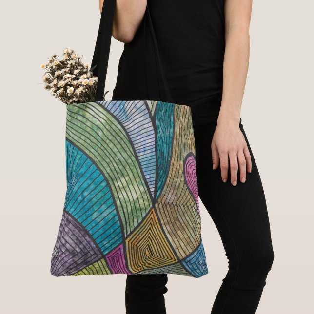 Colourful Abstract Geometric Pattern Curved Lines Tote Bag (Close Up)