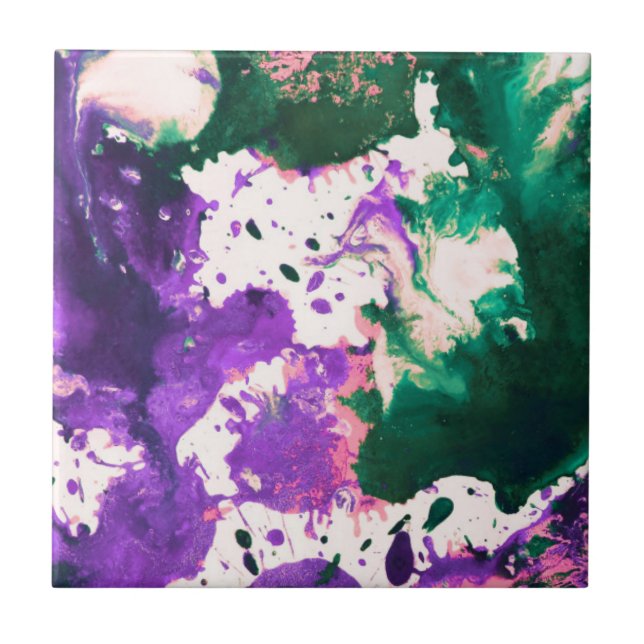 Colourful Abstract Green and Purple Splatter Paint Ceramic Tile (Front)